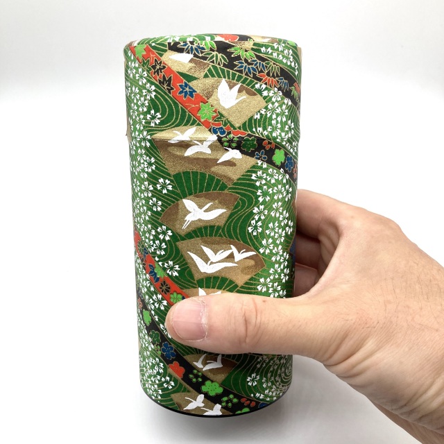 全日本送料無料 和紙貼り茶筒 200g友禅扇に鶴 工芸品