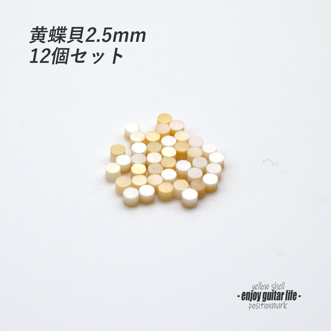 #6868【ポジションマーク】サイドポジション 黄蝶貝 2.5ｍｍ丸 12個セット 厚さ2mm 装飾用 アクセント クラフト オリジナル リペア製作系 メンテナンス ＜★送料200円ポスト投函＞