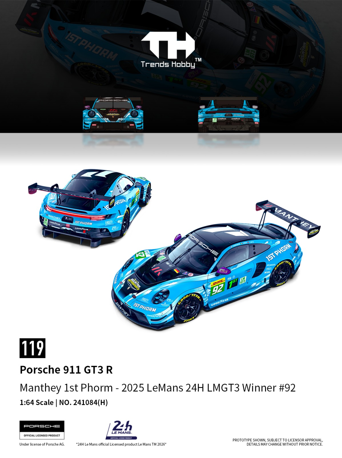 [予約]Trends Hobby 1/64 (ダイキャスト製) Porsche 911 GT3 R LeMan 24H 2025 #92
