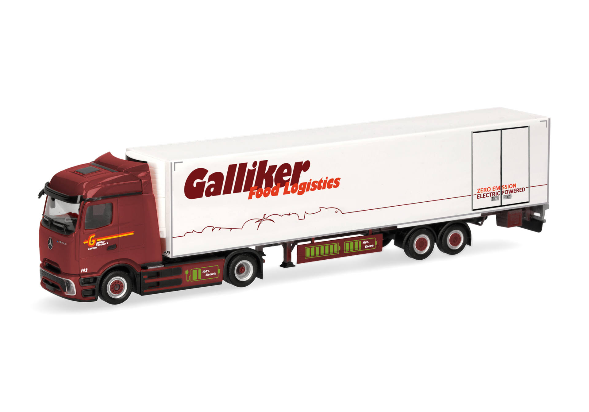 [予約]herpa Cars&Trucks 1/87 (プラスチック製) メルセデスベンツ eアクトロス 600 ビッグスペース 冷蔵ボックスセミトレーラー "Galliker"（スイス）