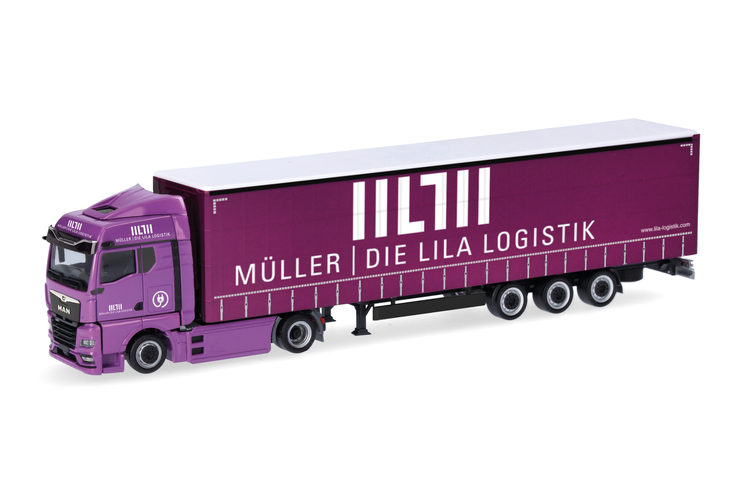 [予約]herpa Cars&Trucks 1/87 (プラスチック製) MAN eTGX GM ボリューム カーテンキャンバスセミトレーラー  "M?ller - Die lila Logistik"