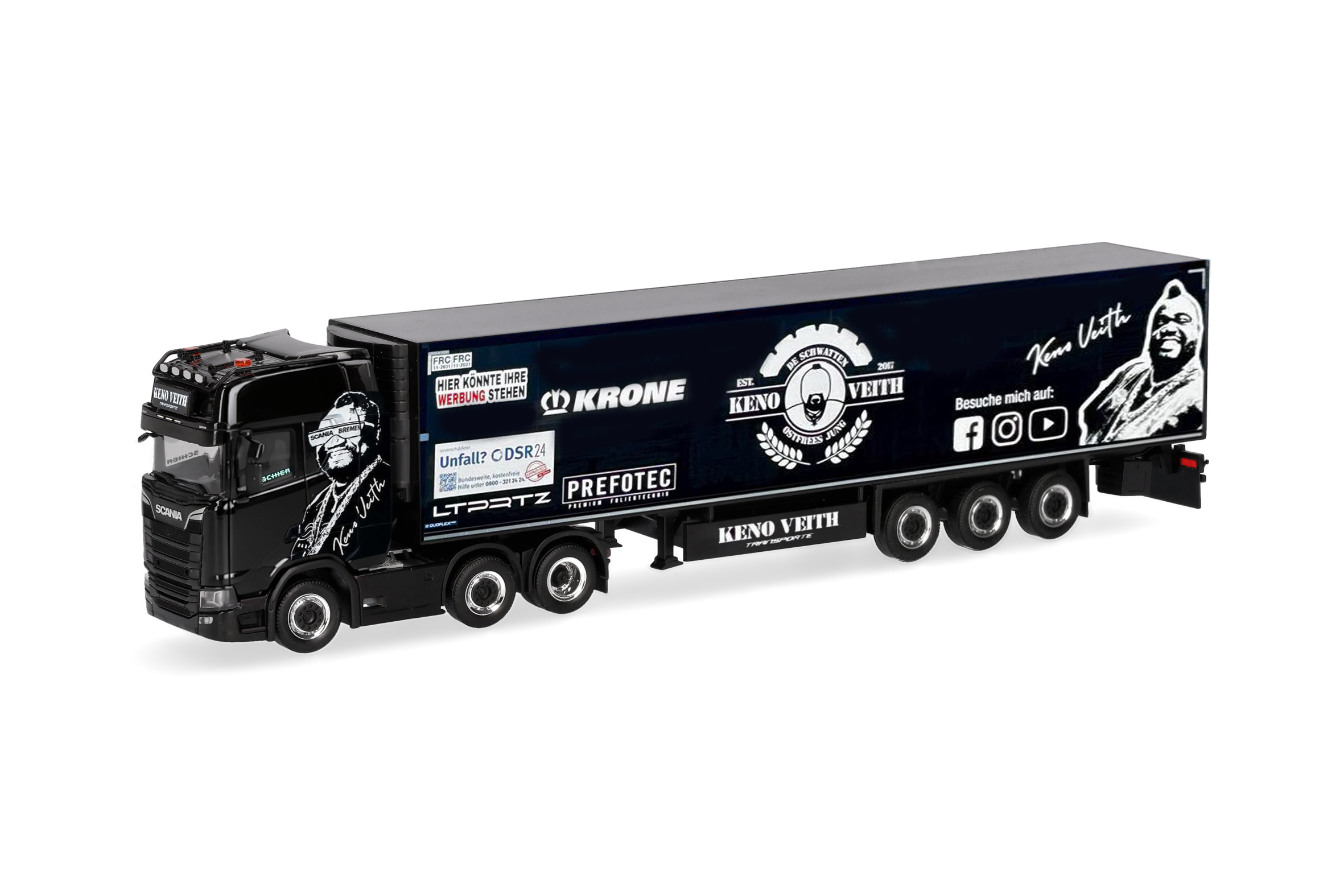 [予約]herpa Cars&Trucks 1/87 (プラスチック製) スカニア CS 20 ハイルーフ  冷蔵ボックスセミトレーラー  "Keno Veith"