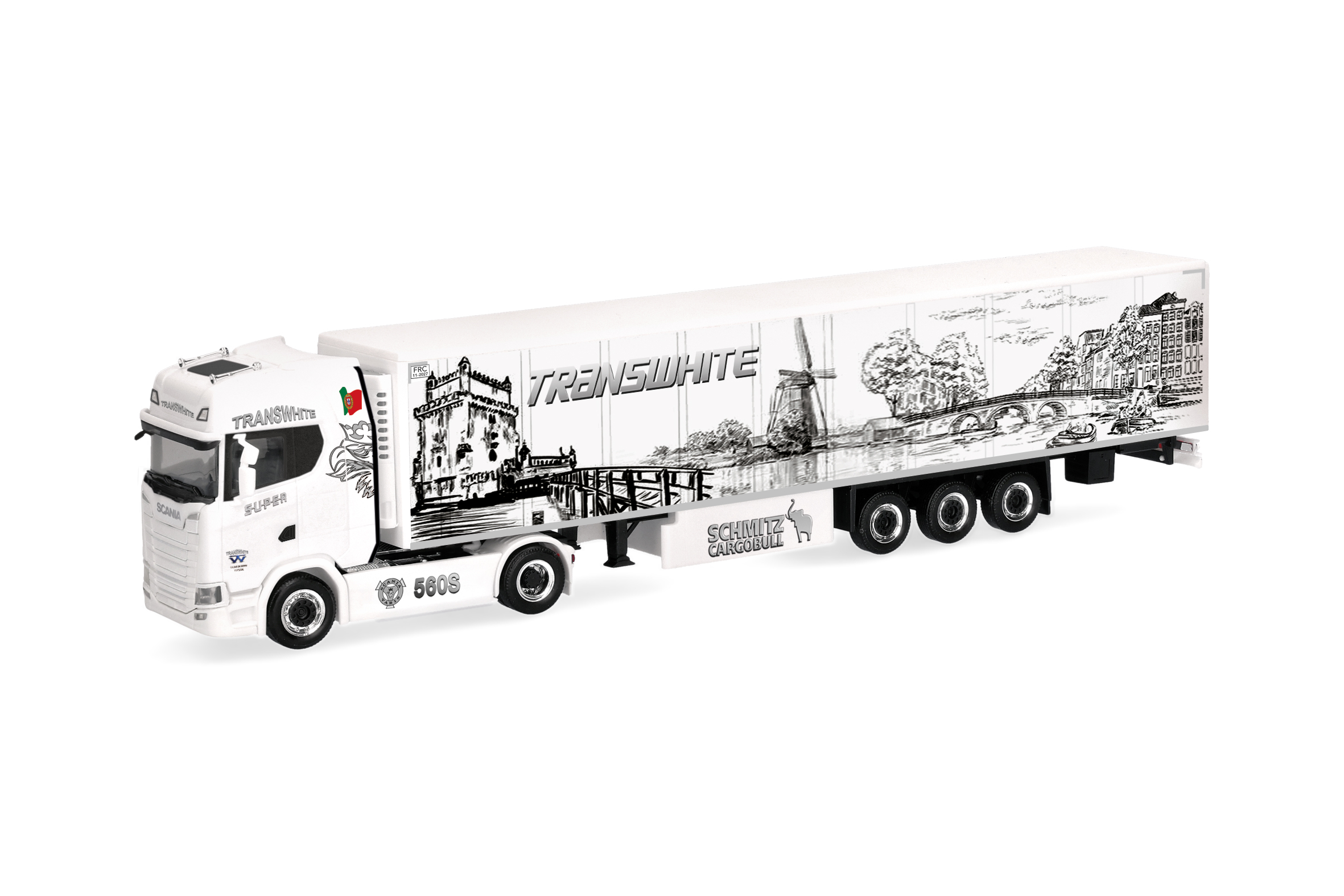 [予約]herpa Cars&Trucks 1/87 (プラスチック製) スカニア CS 20 ハイルーフ  冷蔵ボックスセミトレーラー  "Transwhite"