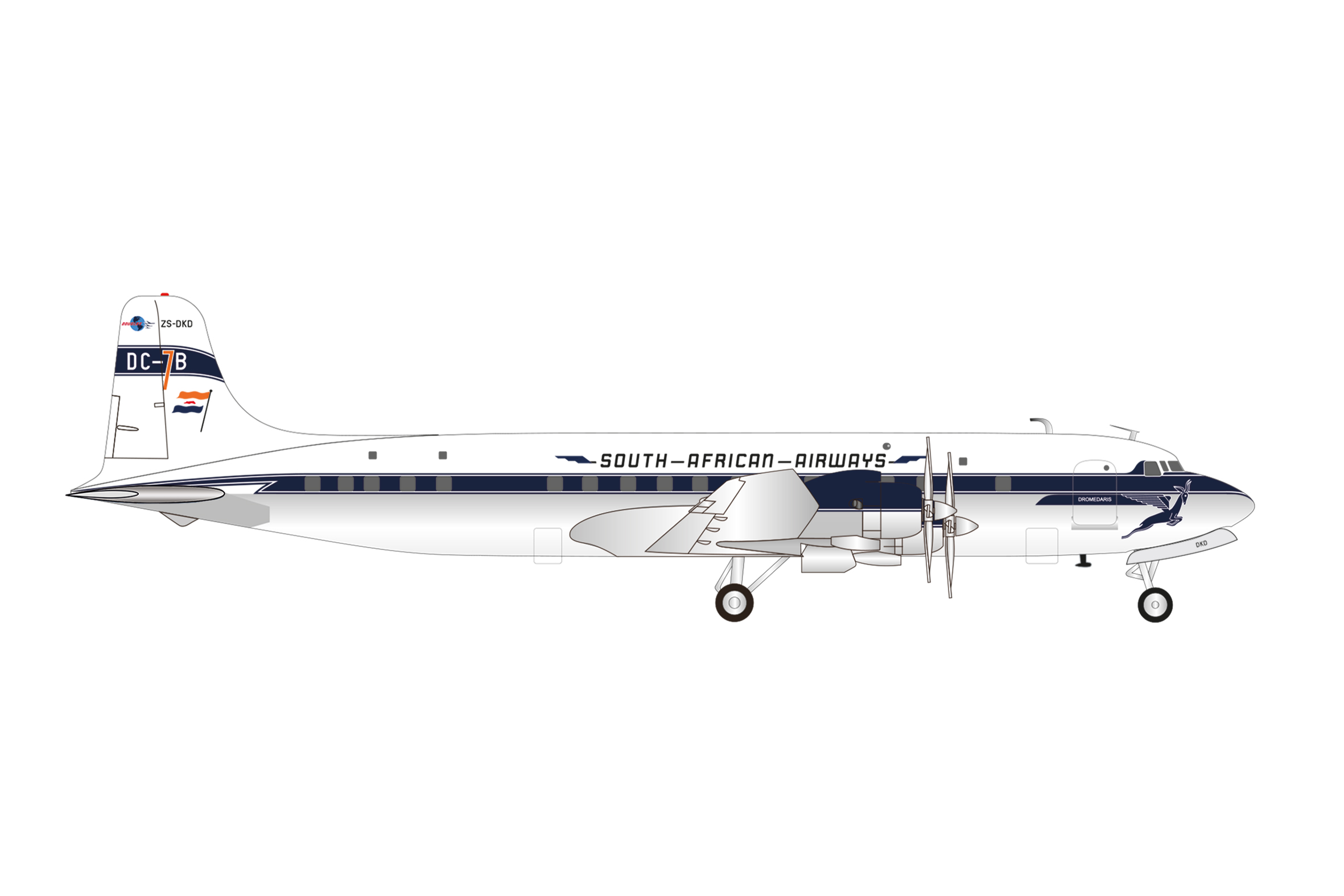 [予約]herpa wings 1/200 (ダイキャスト製) DC-7B  南アフリカ航空 "Dromedaris" ZS-DKD (サドルタンク付き)