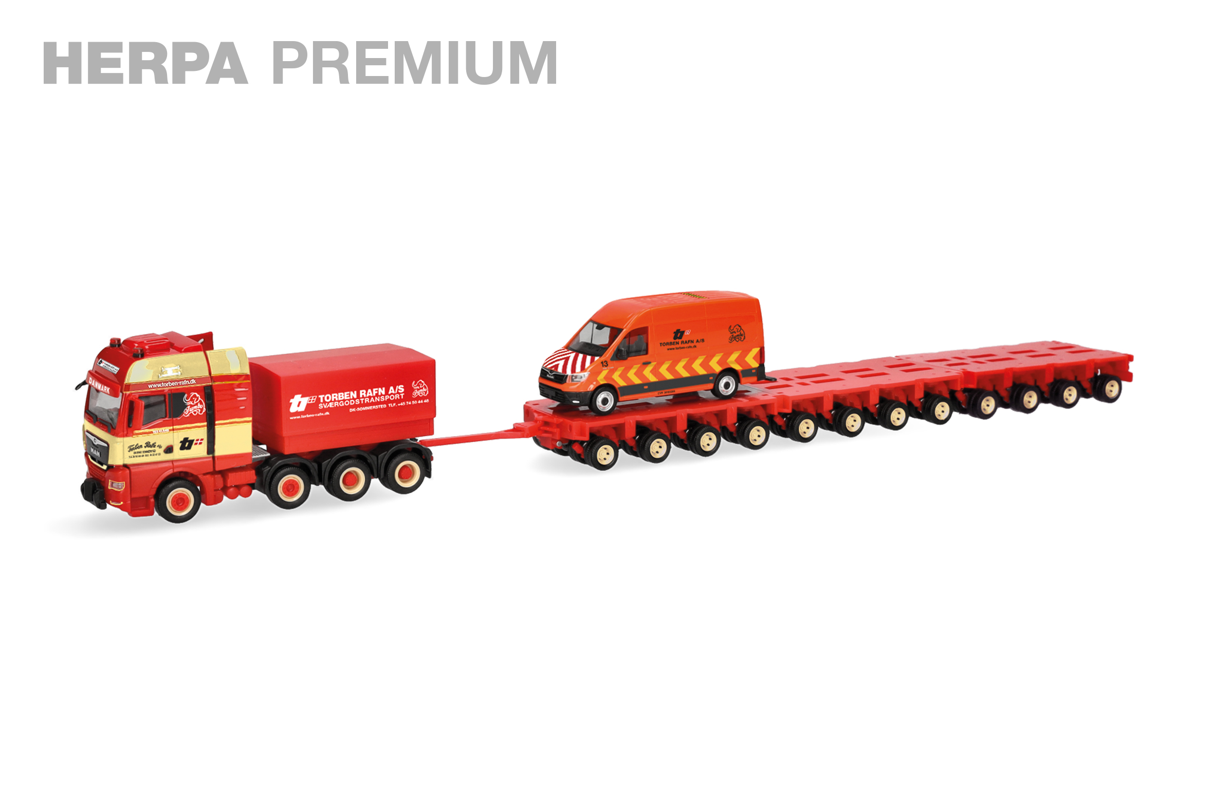 herpa Cars&Trucks 1/87 (プラスチック製) "Torben Rafn"セット MAN TGX GX 大型トラクター 4軸/ローボーイトレーラー12軸/MAN TGE ボックスハイルーフ