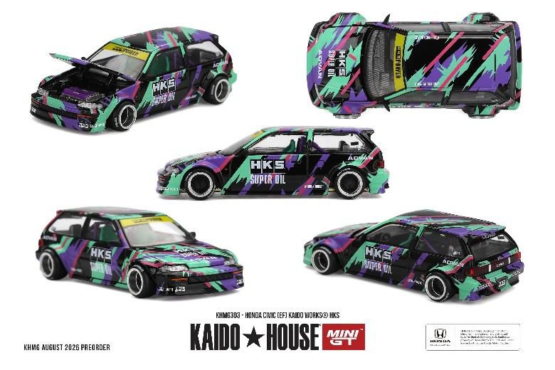 [予約]MINI GT 1/64 (ダイキャスト製) Honda シビック EF Kaido Works HKS(左ハンドル）