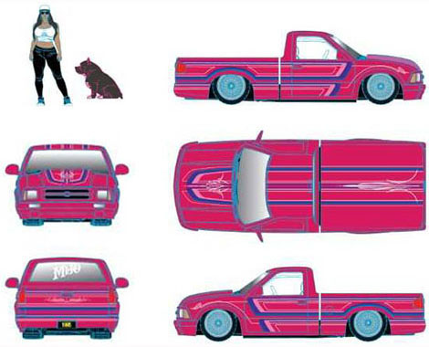 [予約]M2 Machines 1/64 (ダイキャスト製) 北米限定 1995 シボレー S10 ローライダーカスタム ピンク with ガール & ピットブルドッグ フィギュア ※並行輸入