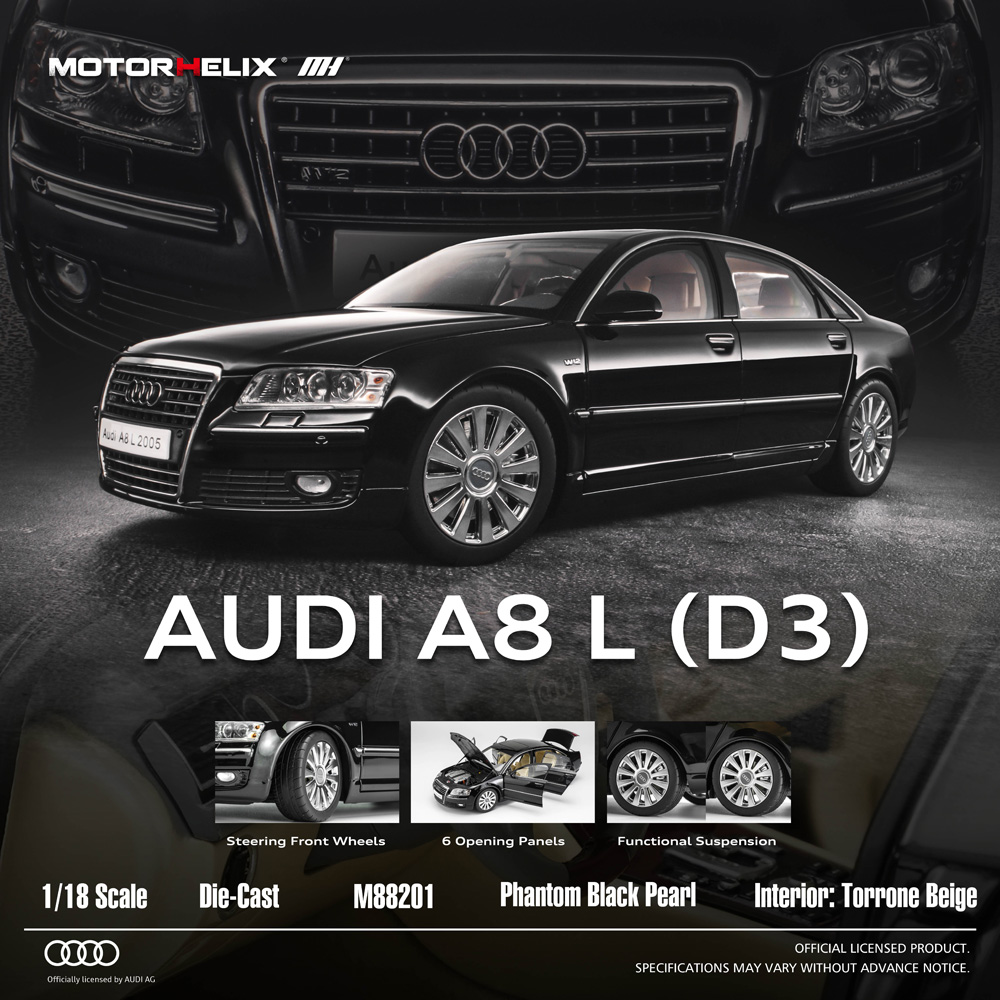 [予約]MOTORHELIX(モーターへリックス) 1/18 (ダイキャスト製) Audi A8 L (D3) Phantom Black Pearl