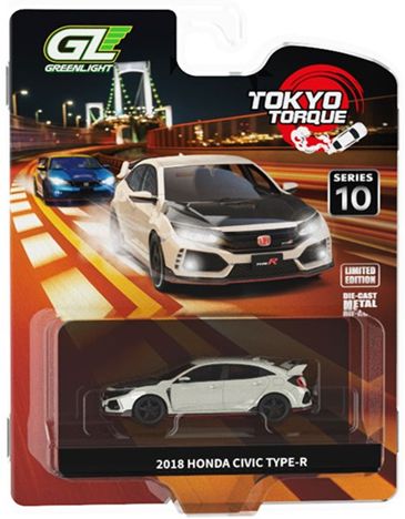 グリーンライト 1/64 (ダイキャスト製) Tokyo Torque Series 10 -  2018 Honda Civic Type-R (FK8) with Custom Wheels and Carbon Hood - Championship White (New Tooling)