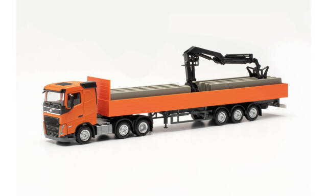 herpa Cars&Trucks 1/87 ボルボ FH FD 2020 フラットベッド セミトレーラー 3a/3a 積載クレーン付 オレンジ