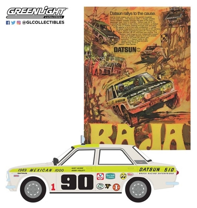 グリーンライト 1/64 Vintage Ad Cars Series 1 - 1969 Datsun 510 4-Door Sedan #90 1969 Mexican 1000 “Datsun Rallys To The Cause”