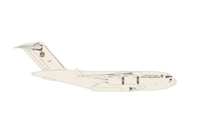 [予約]herpa wings 1/500 (ダイキャスト製) C-17A UAE空軍 15th 空輸飛行隊, アブダビ/ ザイード国際空港 砂漠カラー1228