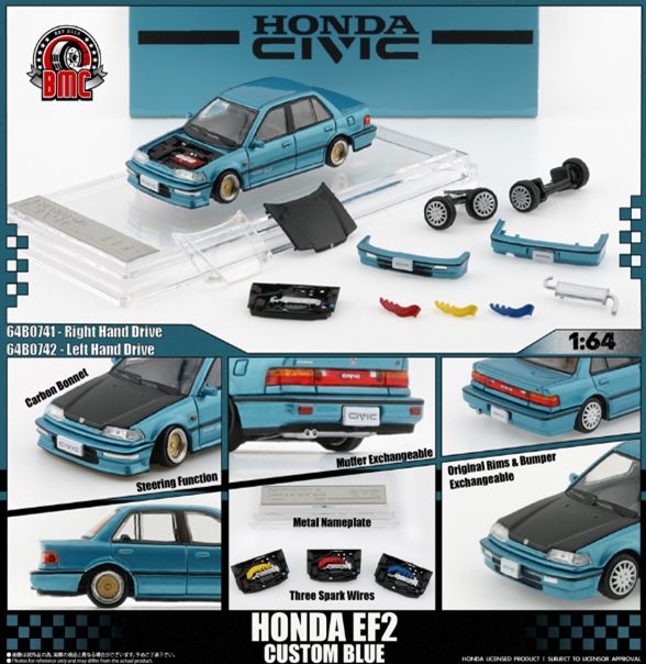 [予約]BM CREATIONS(ビーエムクリエーションズ) 1/64 (ダイキャスト製) ホンダ シビック EF2 1991 カスタムブルー/ブラックボンネット LHD