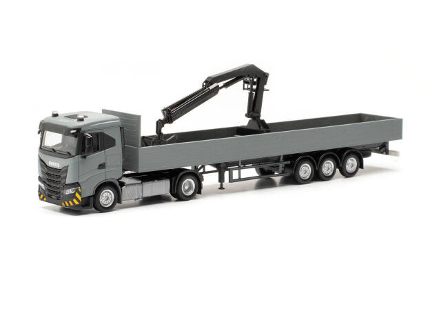 herpa Cars&Trucks 1/87 イベコ S-Way ND フラットベッドセミトレーラー クレーン付 グレー/イエロー