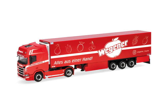 [予約]herpa Cars&Trucks 1/87 (プラスチック製) スカニア CR 20 ハイルーフ  冷蔵ボックスセミトレーラー  "Wegener Frucht/Altes Land"