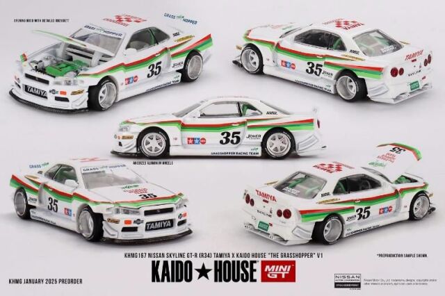 MINI GT 1/64 (ダイキャスト製)  Nissan スカイライン GT-R R34 TAMIYA x KAIDO HOUSE"グラスホッパー" V1(右ハンドル)