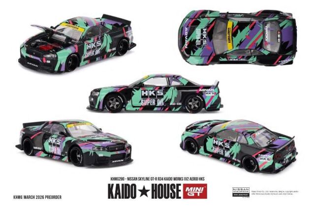 [予約]MINI GT 1/64 (ダイキャスト製) Nissan スカイライン GT-R R34 Kaido Works (V2 エアロ) HKS (右ハンドル)