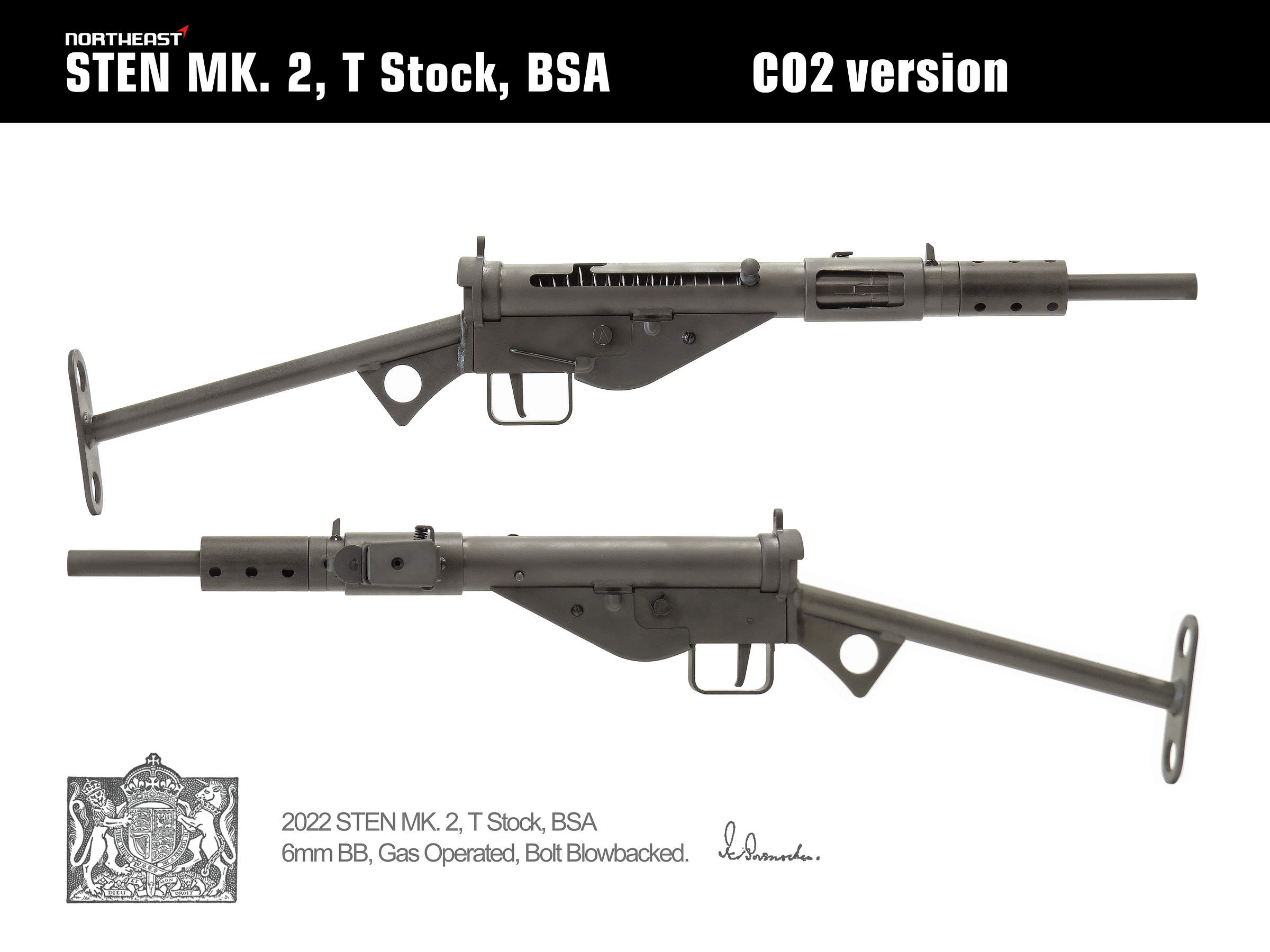NorthEast Sten Mk2 T型ストック マシンカービンGBB/BSA marking (CO2 version)