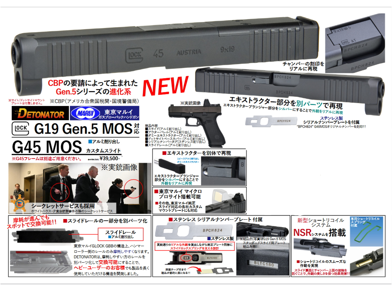 DETONATOR マルイG19G5用 Glock45 MOSスライドセット -BK