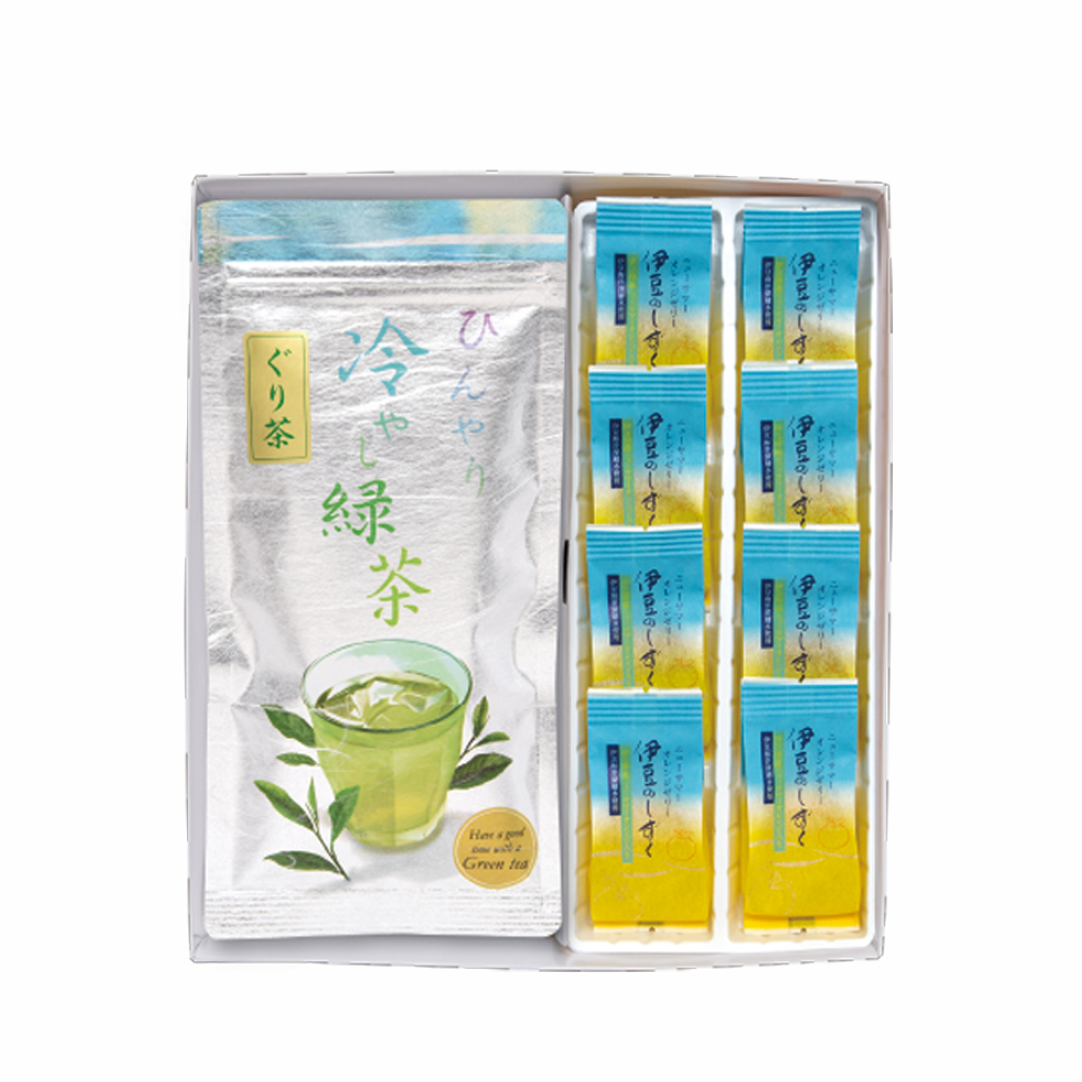 ひんやり冷やし緑茶(100g×2本)+伊豆のしずく(ニューサマーオレンジゼリー) 8個入
