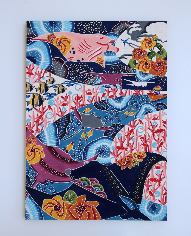 沖縄紅型アートパネル 【海流飛行】 沖縄の黒潮の海を悠々と泳ぐマンタ