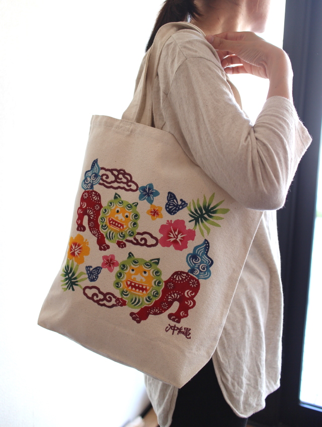 紅型トートバッグ（L）【シーサー】＜贈り物にもおススメ！＞