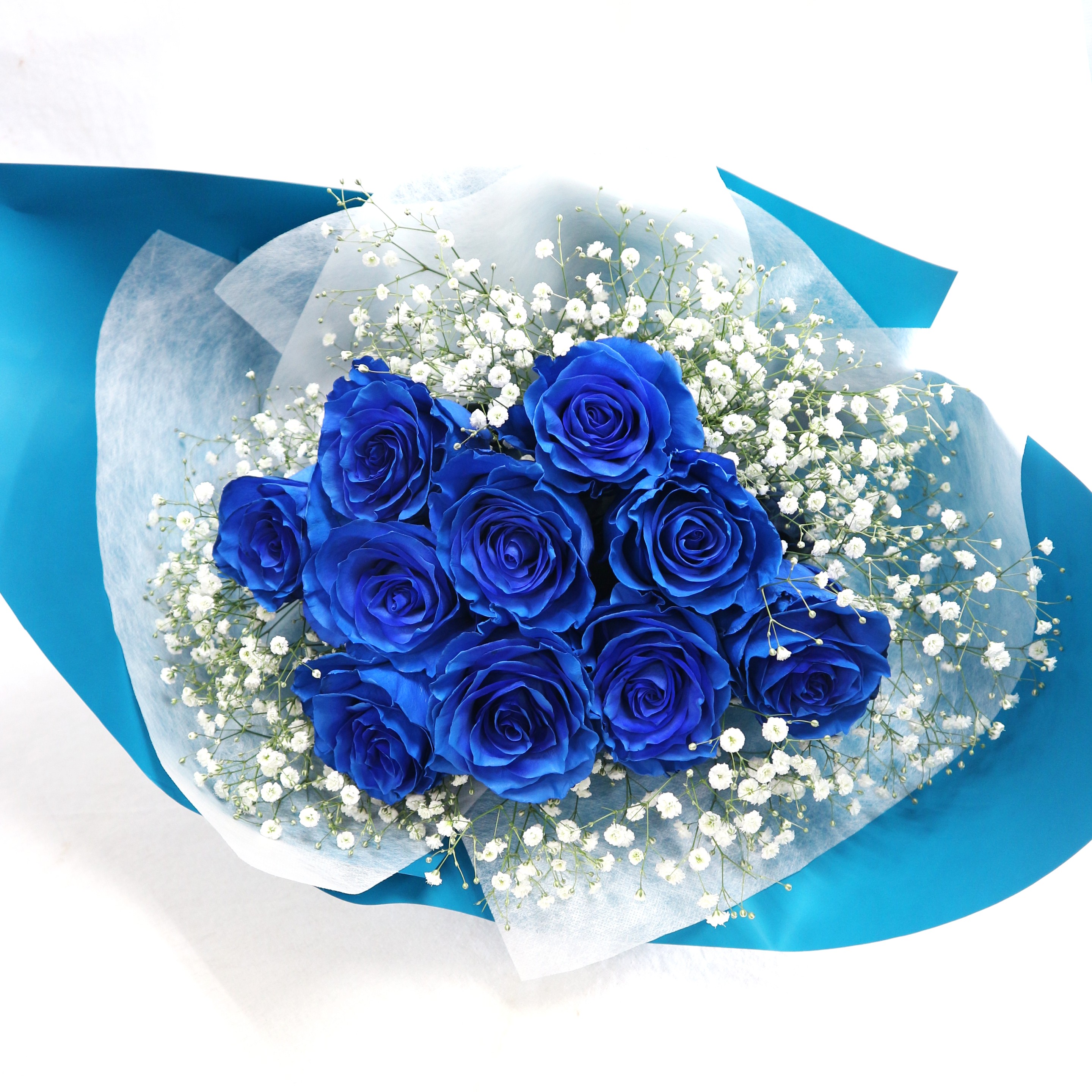 青いバラ10本とカスミソウの花束　11000円