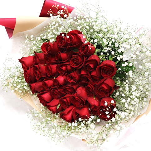 赤バラ33本とカスミソウの花束　生まれ変わってもあなたを愛する　26400円