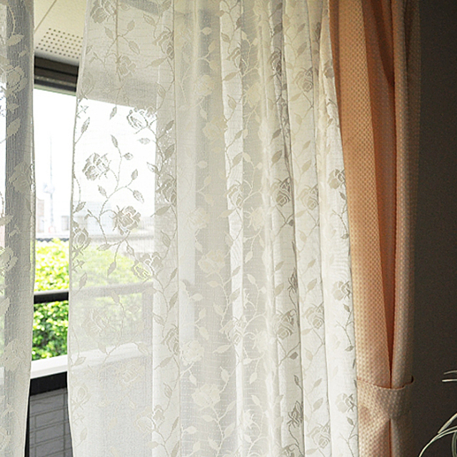 花柄ミラーレースカーテン 日本製 アイボリー 出窓 腰高窓 掃き出し窓 14 179b