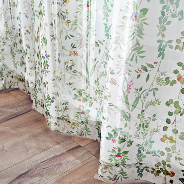 ミラーレースカーテン 2枚組 透けにくい おしゃれなプリント 水彩草花