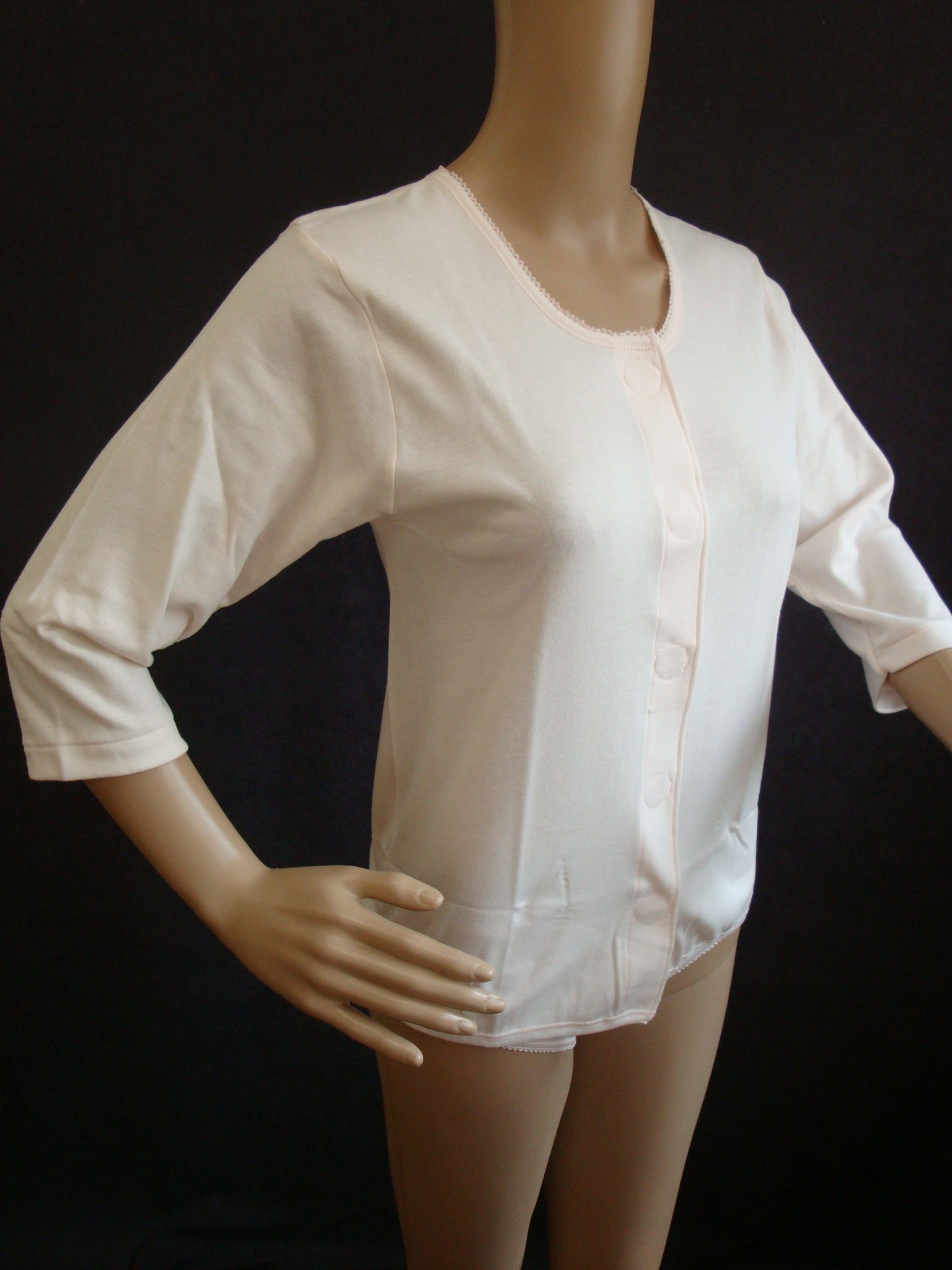 222A_婦人_7分袖前開ワンタッチ_白・ピーチ_サイズM・L