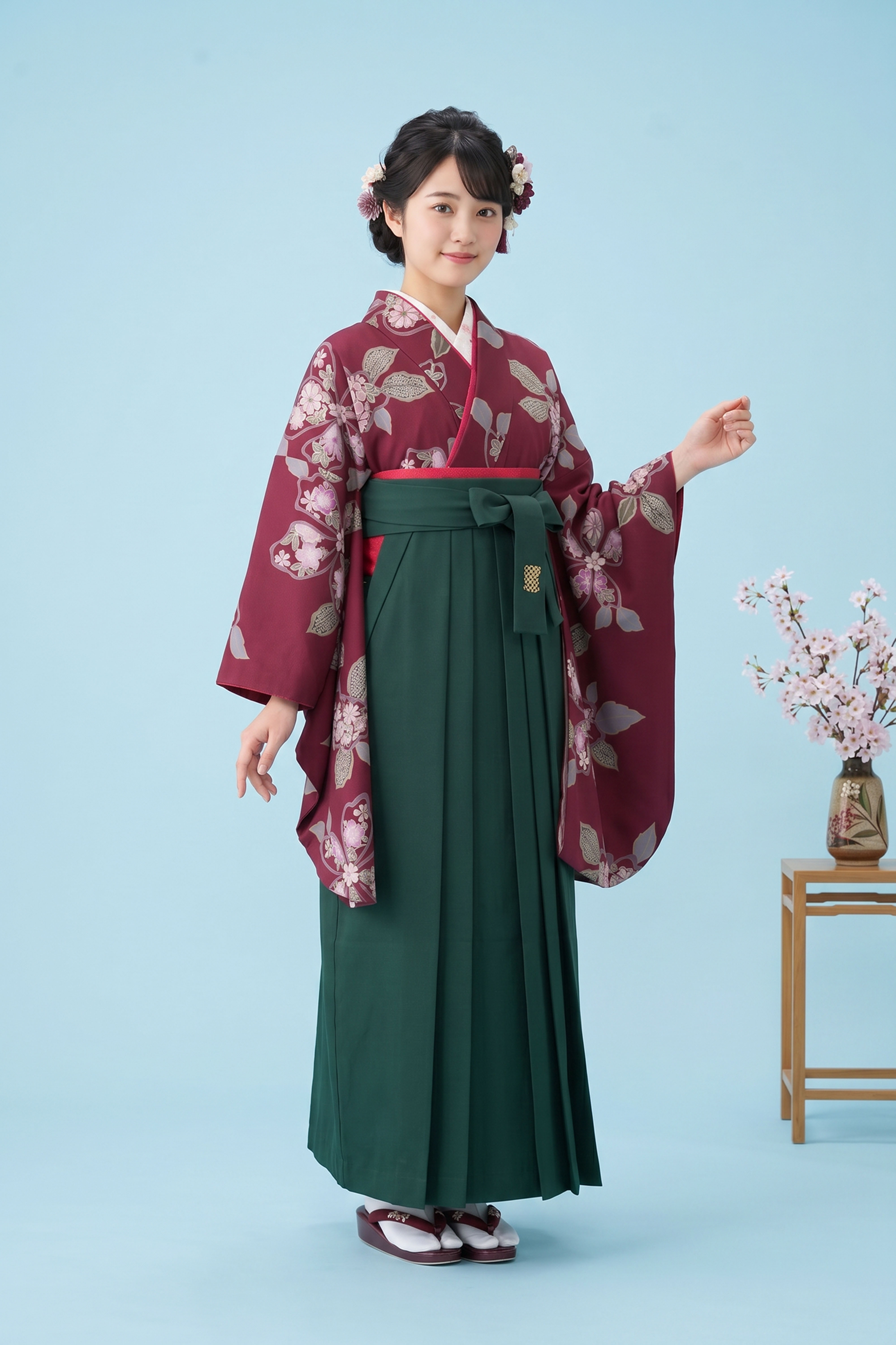 ワイン色に桜【袴レンタル着物】K2473