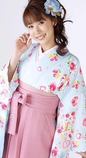 水色にバラ 袴レンタル着物 K2585 卒業式のハカマレンタル はかまやさん