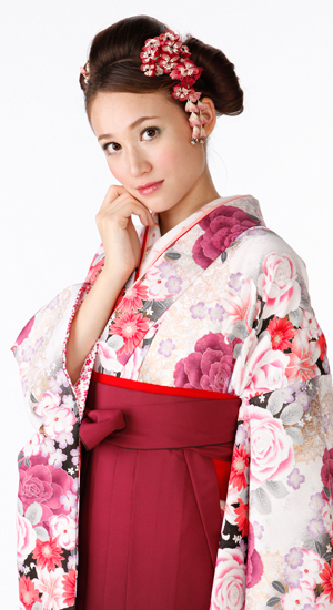 白・ピンクに花柄【袴レンタル着物】K2852