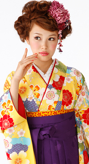 黄色・水色に桜【袴レンタル着物】K2866