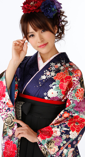 紺にバラ【袴レンタル着物】K2873