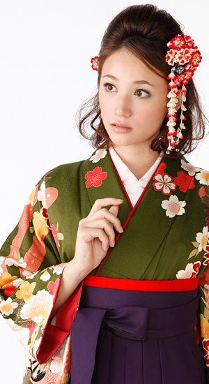 抹茶色+X323・松、花車【袴レンタル着物】K3004