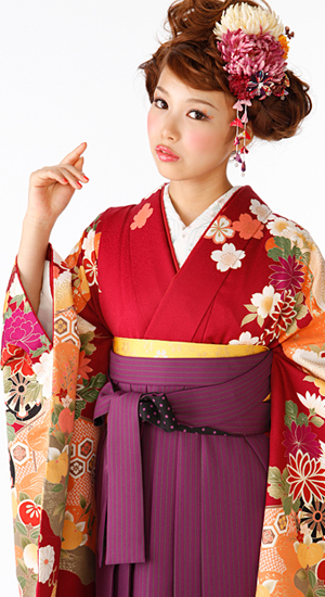 落ち着いた赤・松、花車【袴レンタル着物】K3005