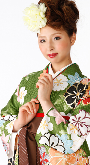 抹茶色・桜、もみじ【袴レンタル着物】K3017