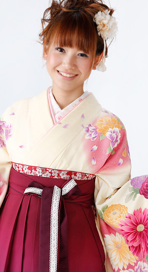クリーム色に桜・菊【袴レンタル着物】K2395