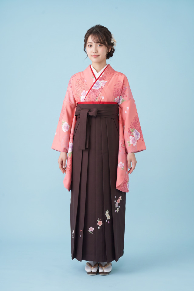 サーモンピンクに菊・桜【袴レンタル着物】K2469