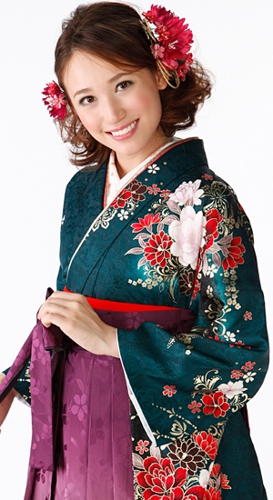 深い緑・花【袴レンタル着物】K2854