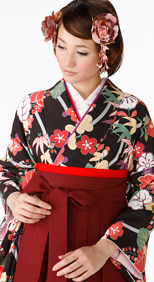 黒に縦枠・桐【袴レンタル着物】K2864