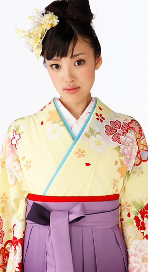 レモン色にボタン・桜【袴レンタル着物】K2870