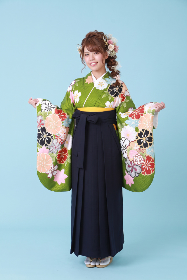 抹茶色・桜、もみじ【袴レンタル着物】K3017