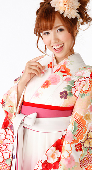 白・ピンクに花柄【袴レンタル着物】K3012
