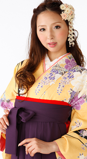 やまぶき色に矢羽根・ボタン【袴レンタル着物】K3013