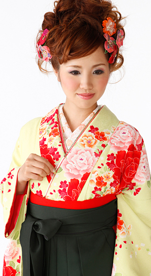 ひわ色・バラ【袴レンタル着物】K3014