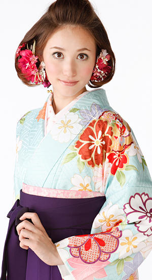 水色・桜、もみじ【袴レンタル着物】K3018