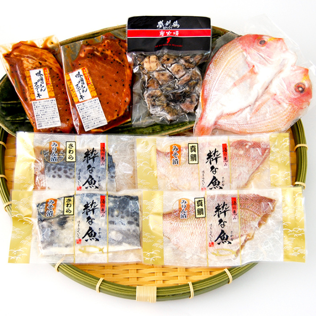 贅沢お味見セット（みそ豚ロースステーキ、さわらみそ、鯛みそ、さわらみりん、鯛みりん、連子鯛の一夜干し、夢創鶏の炭火焼）ダンボール箱入り